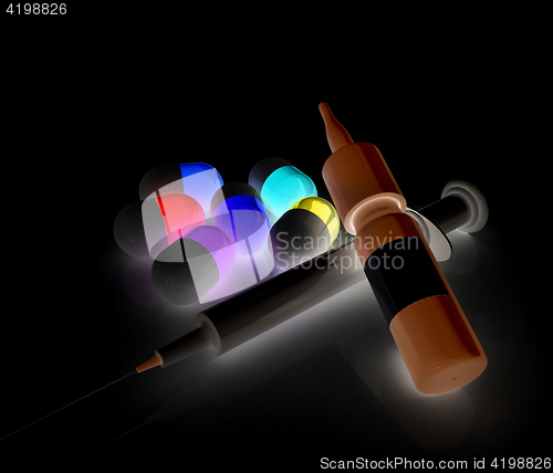 Image of Syringe, tablet, pill jar. 3D illustration