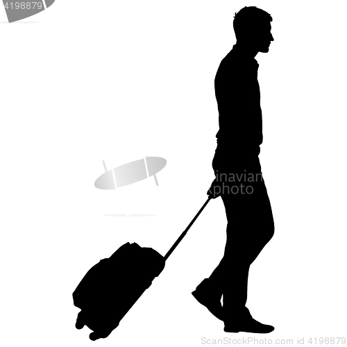 Image of Black silhouettes travelers with suitcases on white background.