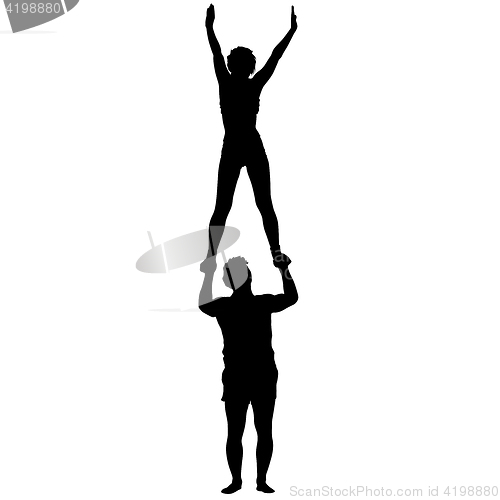 Image of Black silhouette two acrobats show stand on hand. illustration
