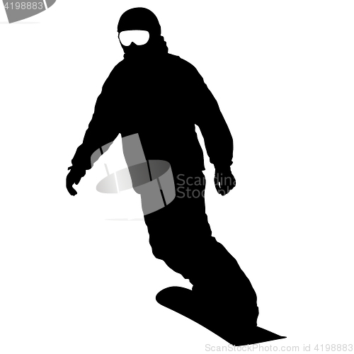 Image of Black silhouettes snowboarders on white background. illustration