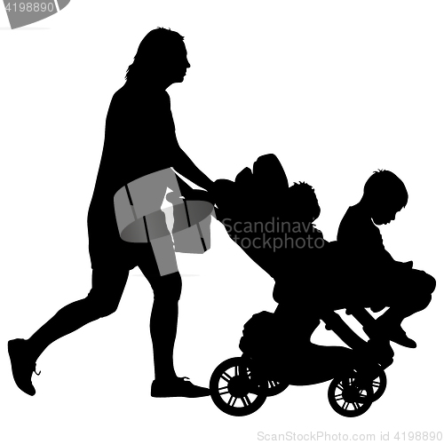 Image of Black silhouettes Family with pram on white background. illustration