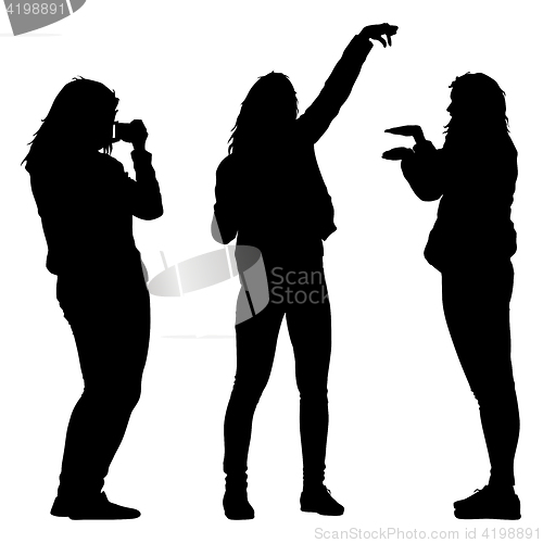 Image of Silhouettes woman taking selfie with smartphone on white background. illustration