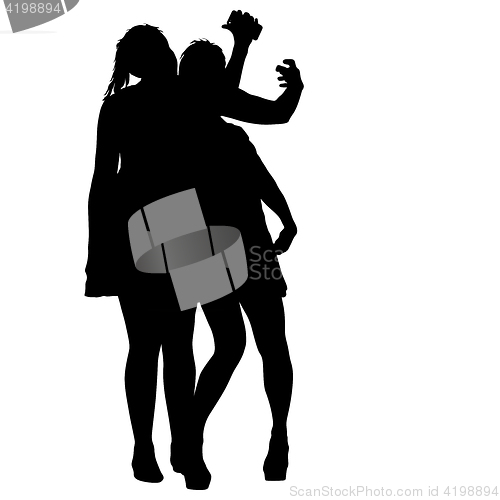 Image of Silhouettes woman taking selfie with smartphone on white background. illustration