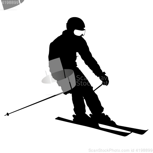 Image of Mountain skier speeding down slope. sport silhouette