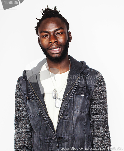 Image of young handsome african american boy smiling emotional isolated on white background, in motion gesturing smiling, lifestyle people concept 