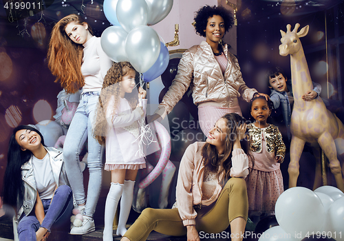 Image of Lifestyle and people concept: young pretty diversity nations woman with different age children celebrating on birth day party together happy smiling, making selfie. African-american, asian and caucasi