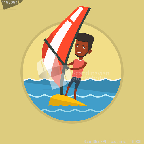 Image of Young man windsurfing in the sea.