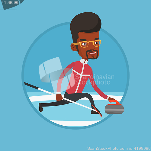 Image of Curling player playing curling on curling rink.