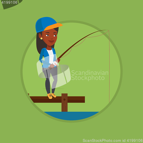 Image of Woman fishing on jetty vector illustration.