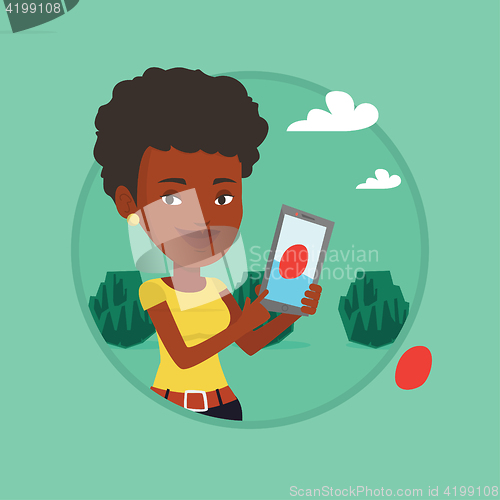 Image of Woman playing action game on smartphone.