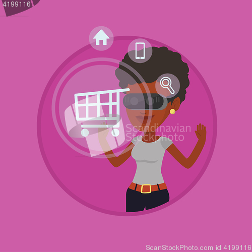 Image of Woman in virtual reality headset shopping online.