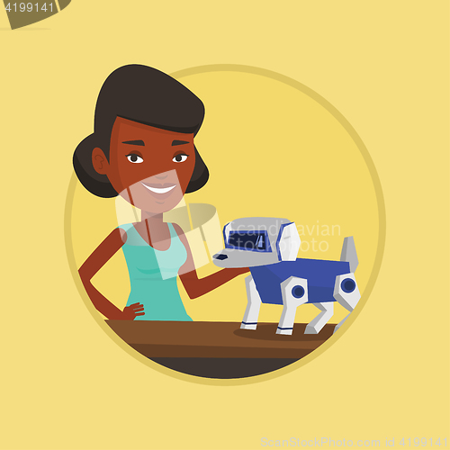 Image of Happy young woman playing with robotic dog.