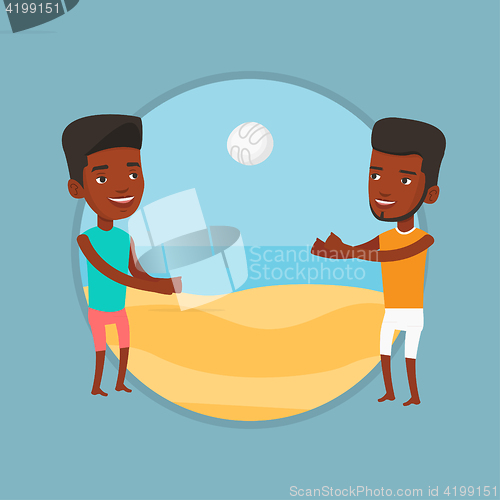 Image of Two men playing beach volleyball.
