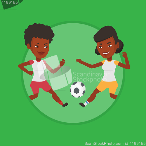 Image of Two female soccer players fighting for ball.