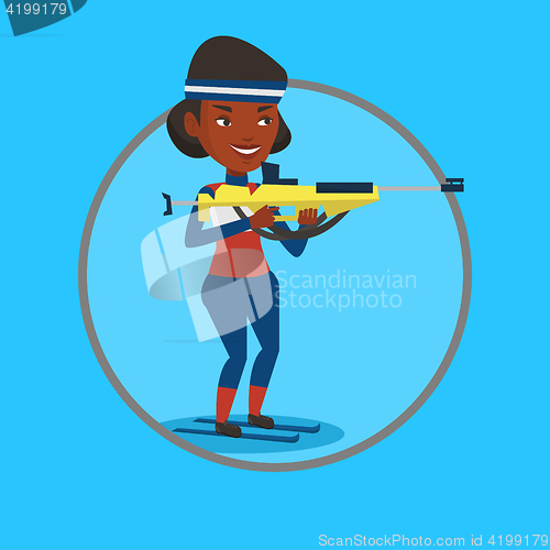 Image of Cheerful biathlon runner aiming at the target.