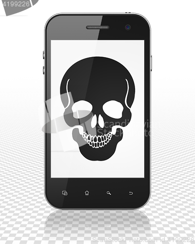 Image of Health concept: Smartphone with Scull on display