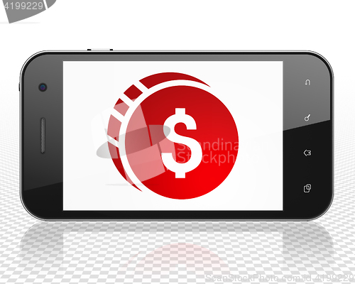 Image of Money concept: Smartphone with Dollar Coin on display