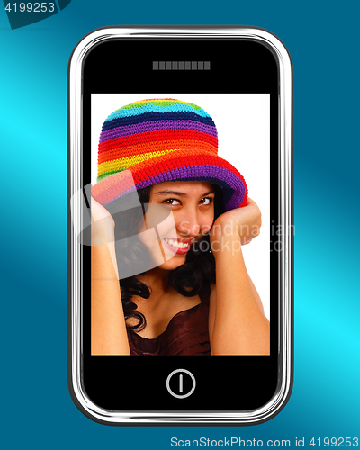 Image of Happy Smiling Teenage Girl Photo On Mobile Phone