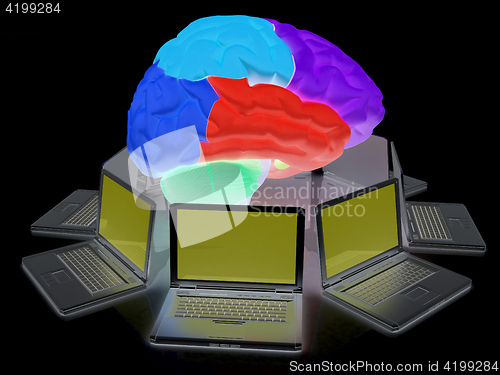 Image of Computers connected to central brain. 3d render