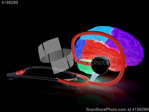 Image of stethoscope and brain. 3d illustration