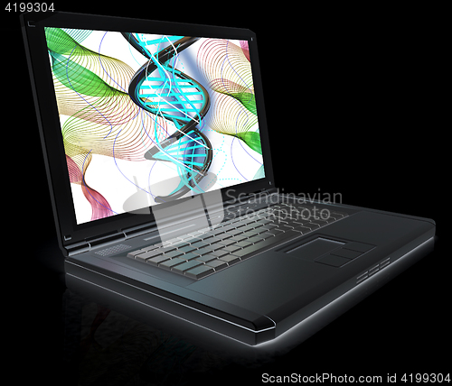 Image of Laptop with dna medical model background on laptop screen. 3d il