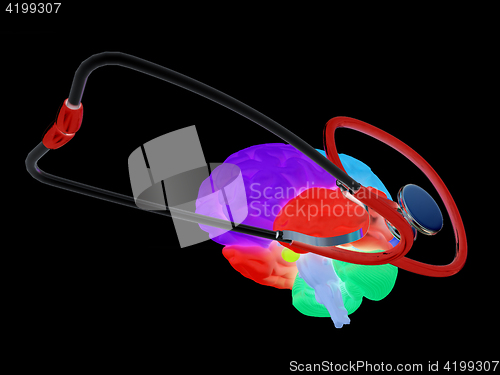 Image of stethoscope and brain. 3d illustration