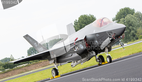 Image of LEEUWARDEN, THE NETHERLANDS - JUNE 10, 2016: Dutch F-35 on the r