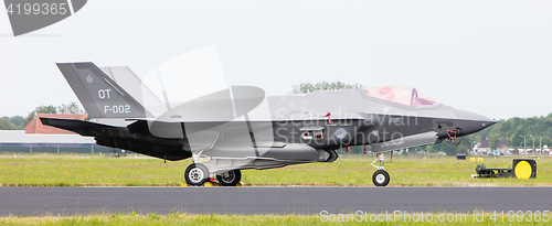 Image of LEEUWARDEN, THE NETHERLANDS - JUNE 10, 2016: Dutch F-35 on the r