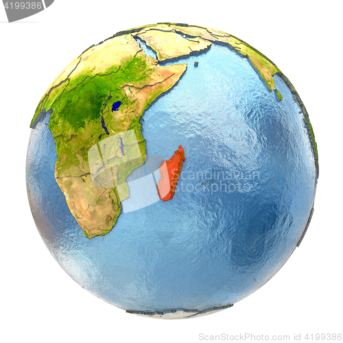 Image of Madagascar in red on full Earth