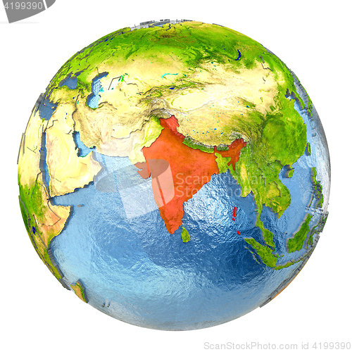 Image of India in red on full Earth