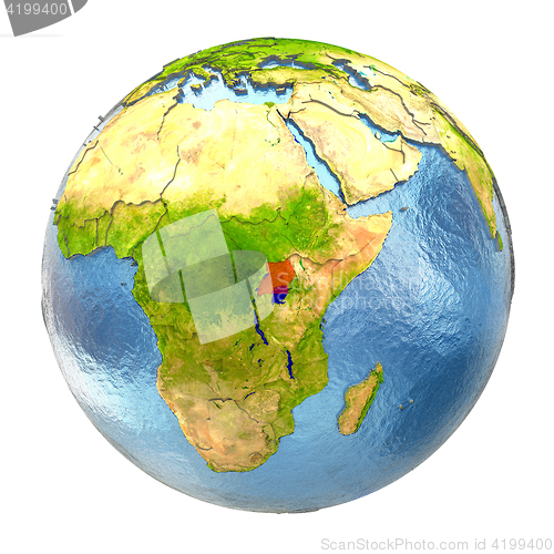 Image of Uganda in red on full Earth