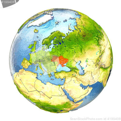 Image of Ukraine in red on full Earth
