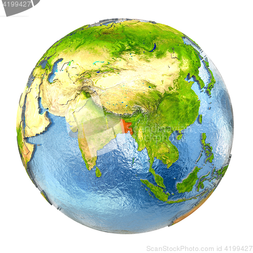 Image of Bangladesh in red on full Earth