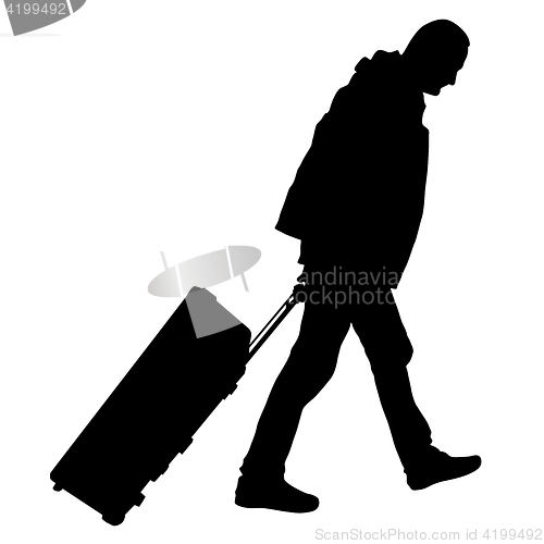 Image of Black silhouettes travelers with suitcases on white background.