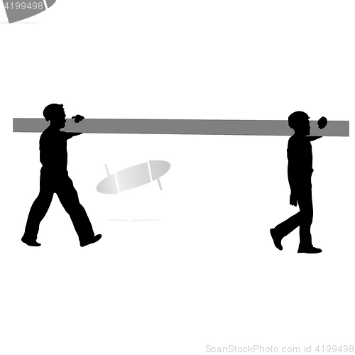 Image of Silhouette of two construction workers carry pipe. illustration