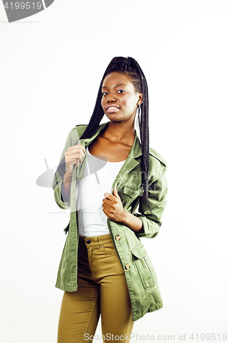 Image of young pretty african-american girl posing cheerful emotional on white background isolated, lifestyle people concept