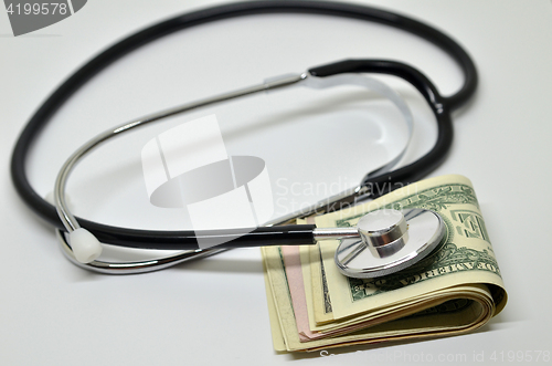 Image of Stethoscope sitting on US dollar bills