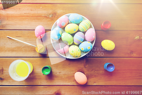 Image of close up of colored easter eggs on plate