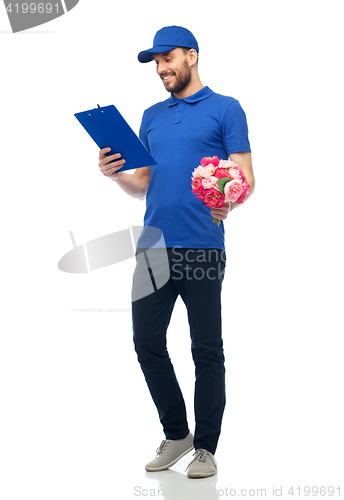 Image of happy delivery man with flowers and clipboard
