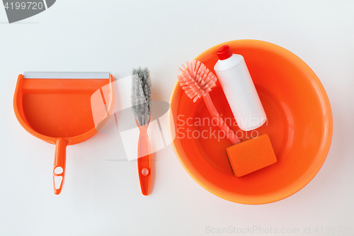 Image of basin with cleaning stuff on white background