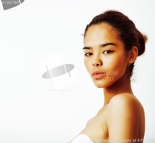 Image of young pretty african-american mixed rases asian posing on white 