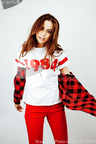 Image of young pretty stylish hipster girl posing emotional isolated on white background happy smiling cool smile, lifestyle people concept 
