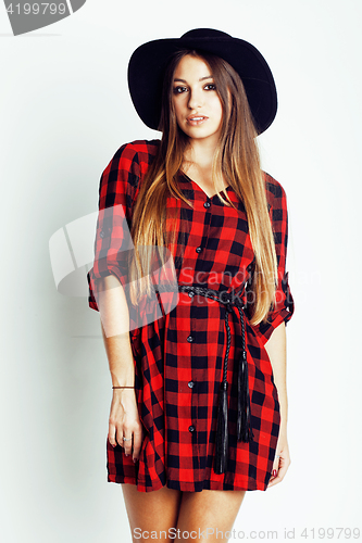 Image of young pretty brunette girl hipster in hat on white background casual close up dreaming smiling. real american modern woman, lifestyle real people concept