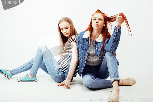 Image of best friends teenage girls together having fun, posing emotional on white background, besties happy smiling, lifestyle people concept 