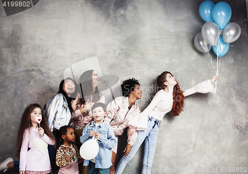 Image of Lifestyle and people concept: young pretty diversity nations woman with different age children celebrating on birth day party together happy smiling, making selfie. African-american, asian and caucasi