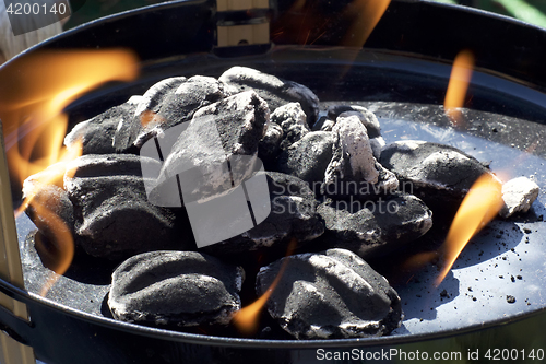 Image of charcoal briquettes with flames