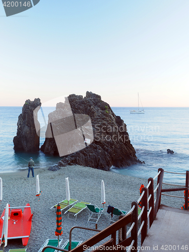 Image of  Monterosso, Liguria, Italy, Cinque Terre, landmark rock on the 