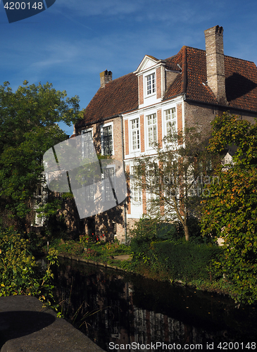 Image of   Bruges Belgium historic houses on canal Europe 