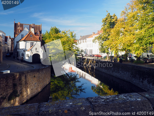 Image of  editorial Bruges Belgium historic houses on canal Europe 