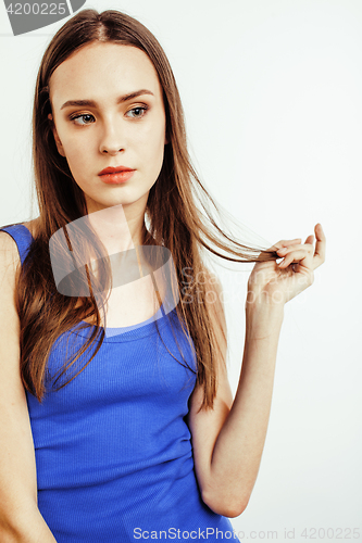 Image of young pretty brunette woman posing emotional isolated on white background thinking, lifestyle people concept